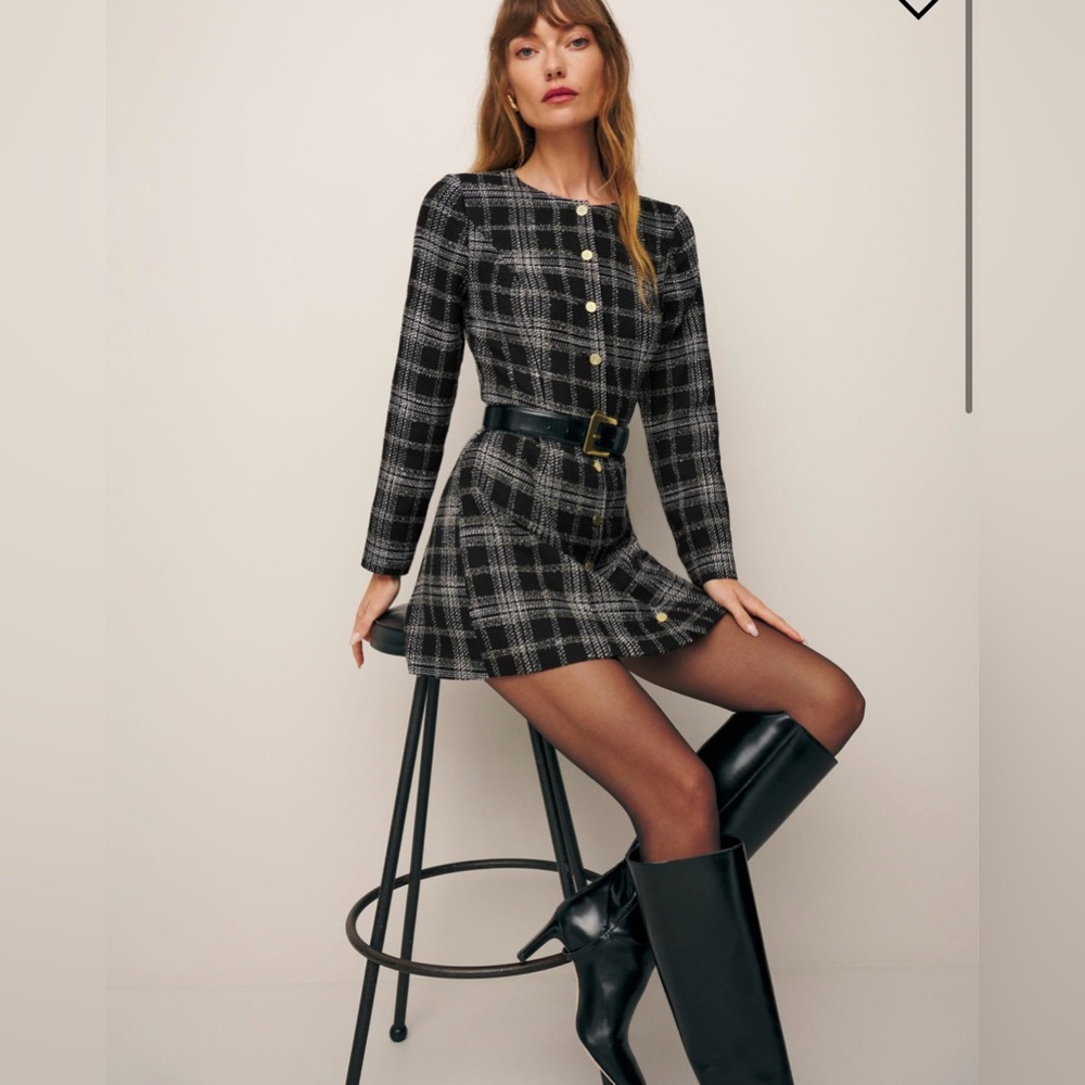 REFORMATION Oliana Dress - Silver metallic thread white/black plaid SIZE 4